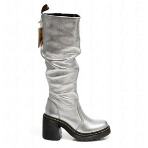 Dr Martens Kasey Metallic Women's Sz 6 - Silver Leather Knee High Ruffled Boots